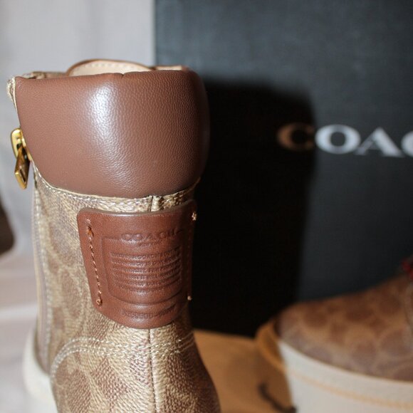 NIB WOMEN'S COACH AINSELY CANVAS COATED LOGO SIGNATURE PLATFORM BOOTIES TAN - Picture 5 of 7